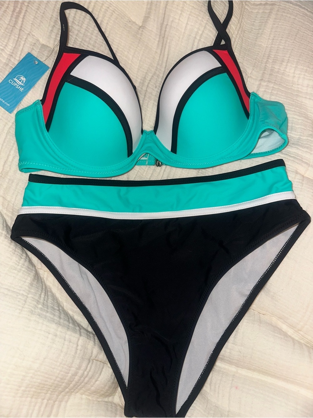 CUPSHE Teal, Bright Red, Black & White Colorblock Push-Up Bikini - NWT Large